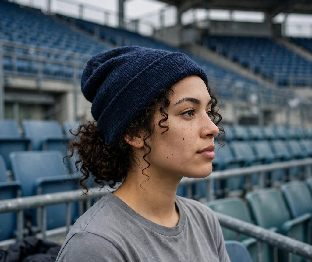 Woman with a low bun and knit beanie in cold-weather stadium stands