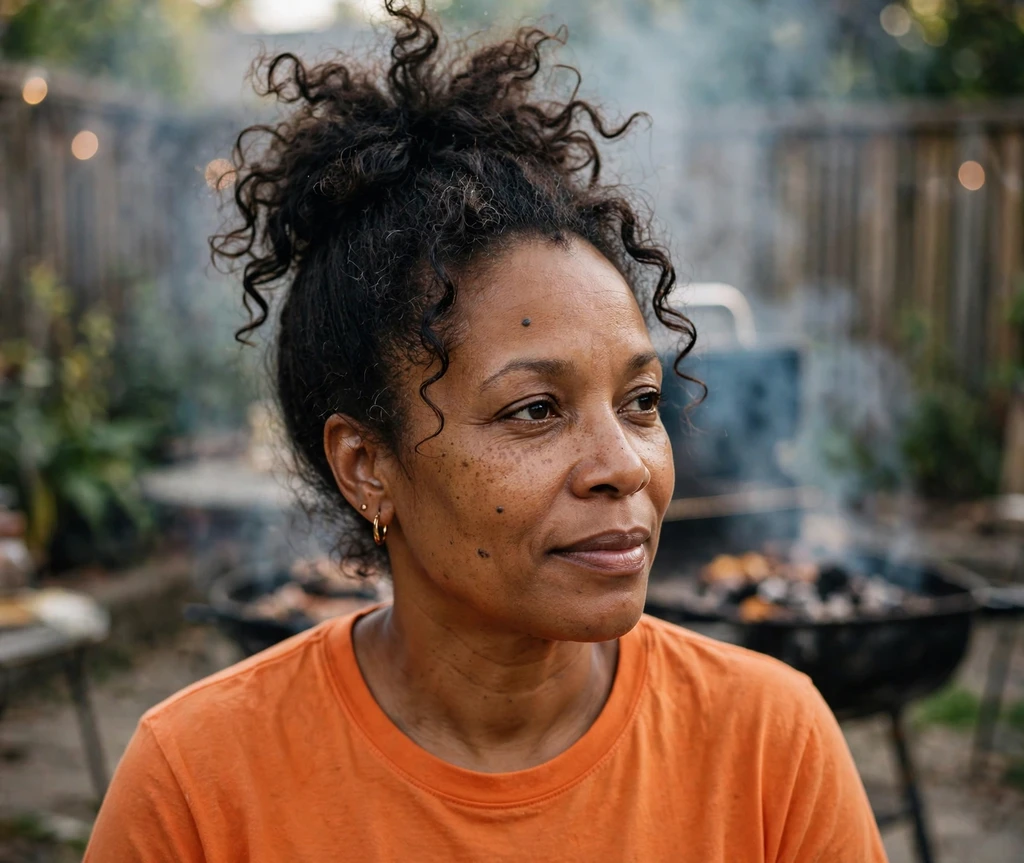 Black woman with a pineapple updo at a backyard cookout