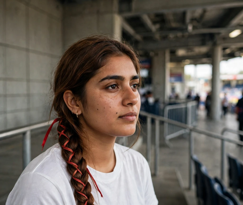 South Asian woman with a ribbon-laced Dutch braid in a stadium concourse