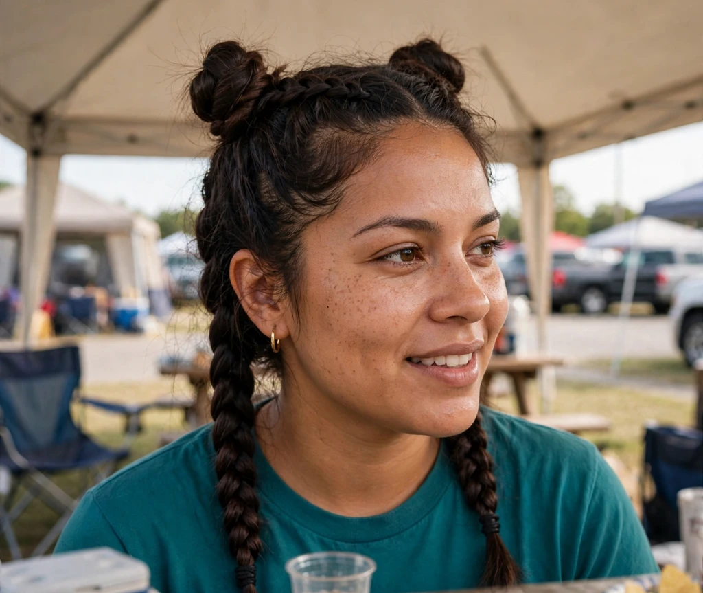 Latina woman with double Dutch braids ending in top buns at a tailgate