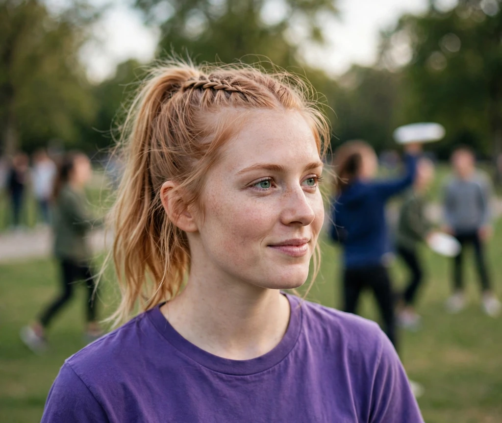 Woman with a front braid and high ponytail in a park