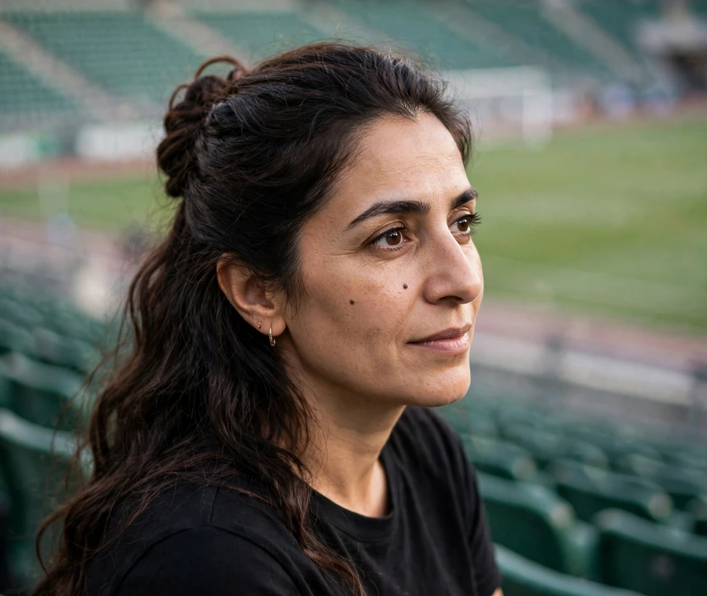 Middle Eastern woman with a twisted half-up hairstyle in stadium stands