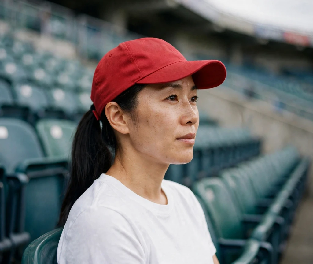 East Asian woman with a low ponytail under a baseball cap in a stadium