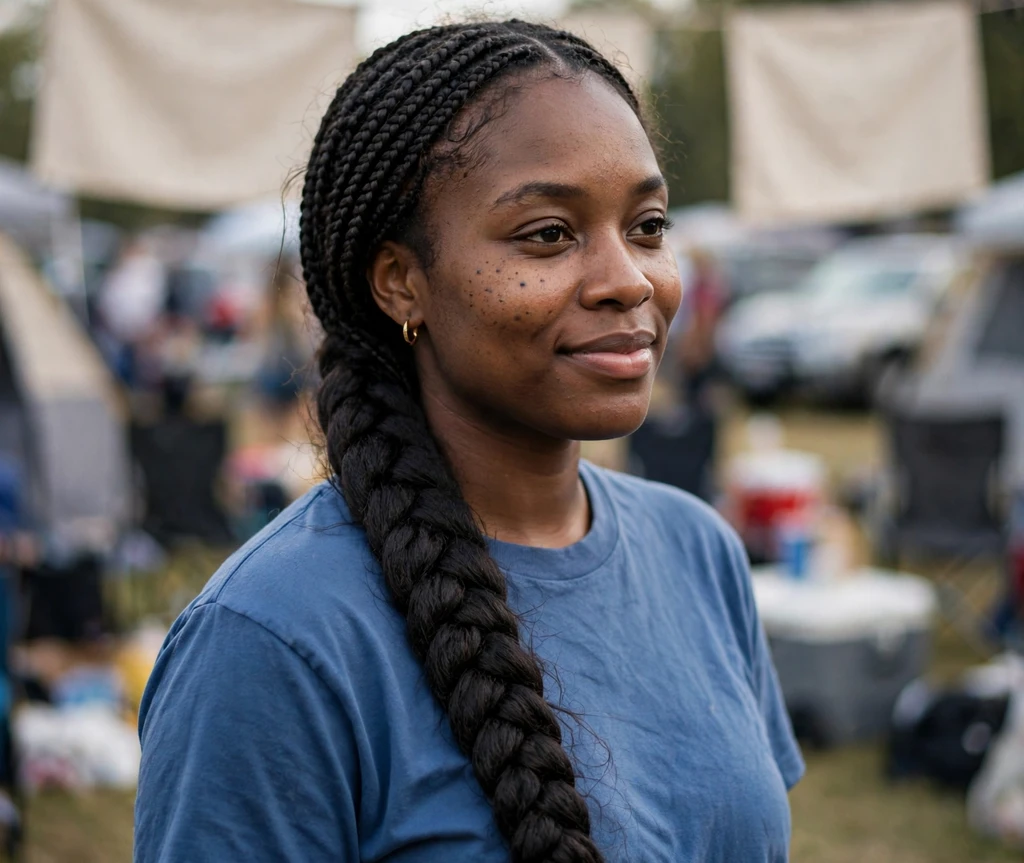 Black woman with a long mermaid braid at a tailgate