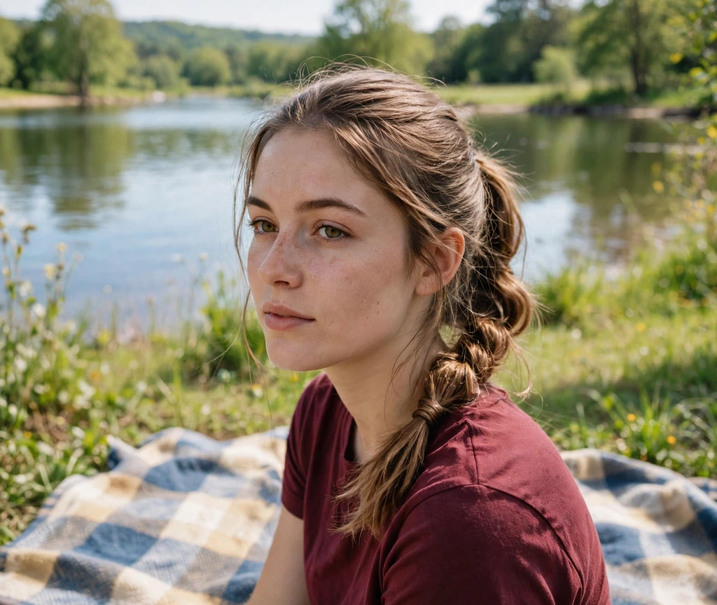 Woman with a textured low ponytail wrapped with her own hair on a picnic blanket