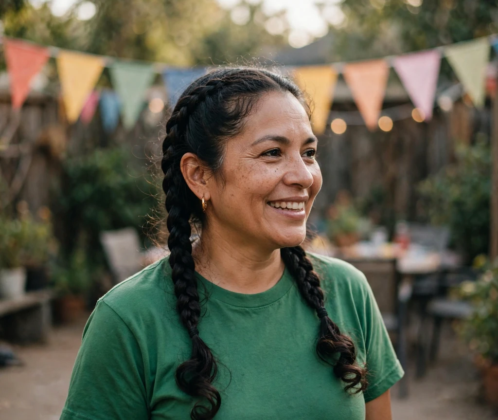 Latina woman with braided pigtails and curled ends at a backyard party