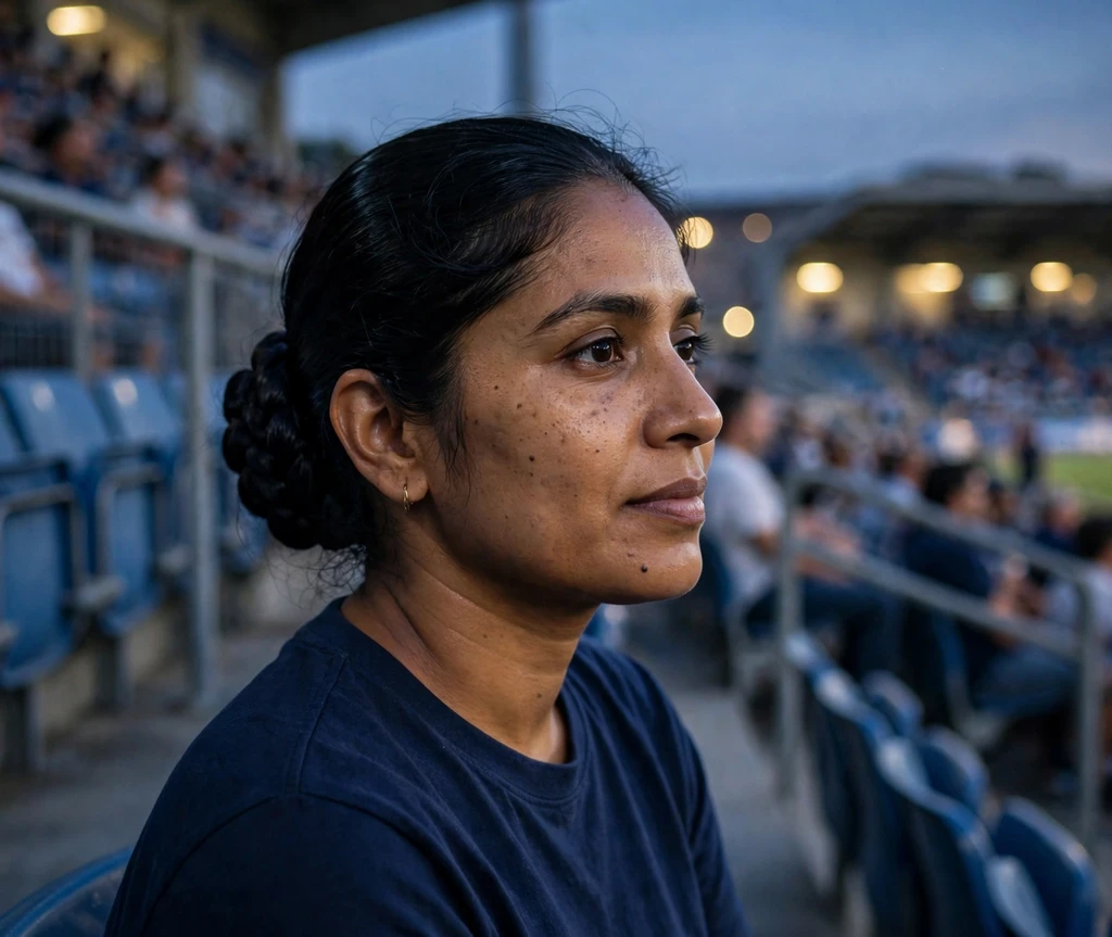 South Asian woman with a sleek braided bun in stadium stands at dusk