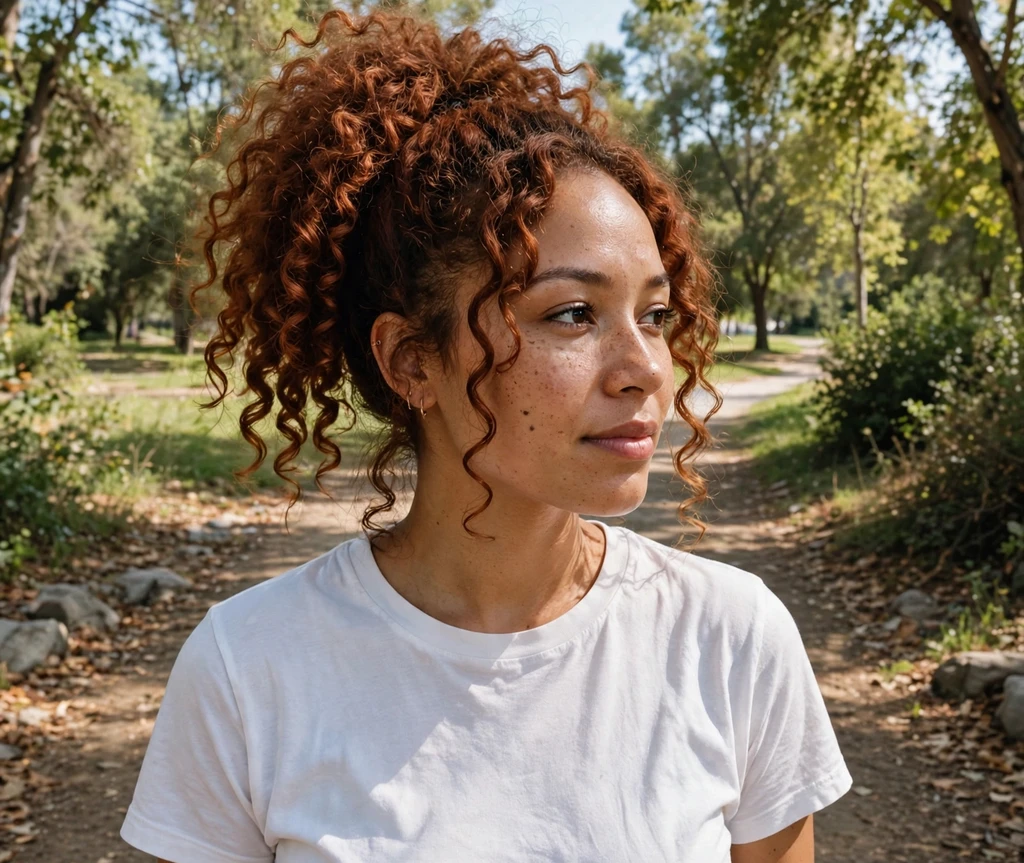 Woman with a face-framing high ponytail on a park trail