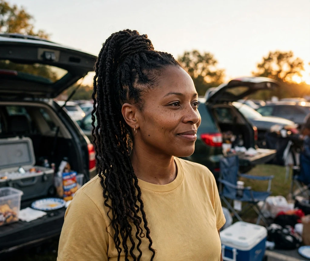 Black woman with a high wrapped passion twist ponytail at a tailgate at sunset