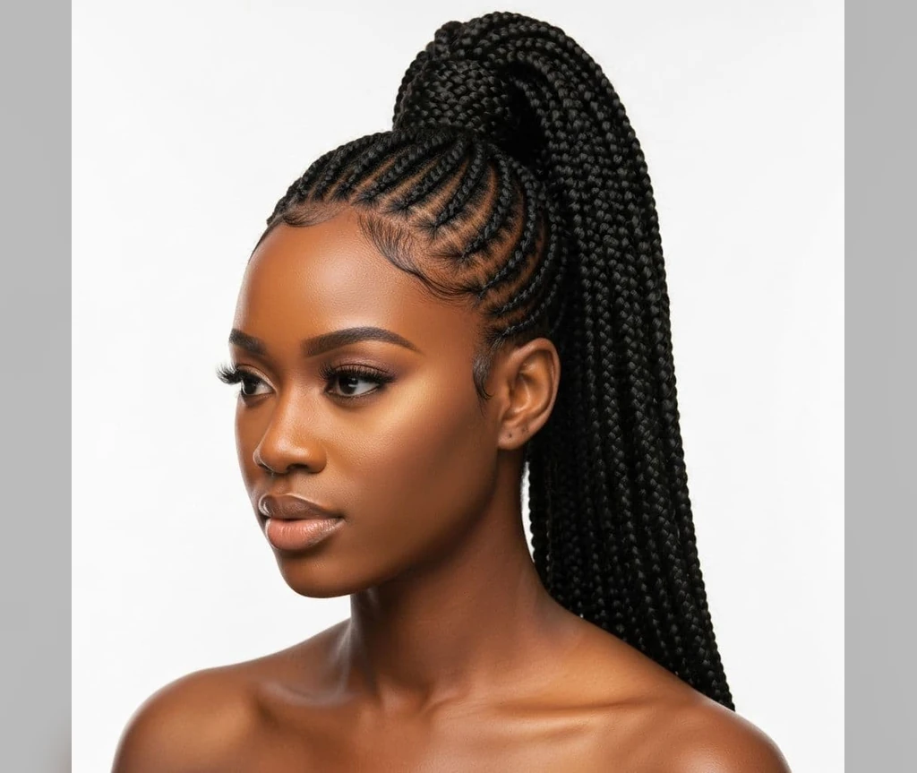 Ghana braids into a high ponytail with sleek gathered rows