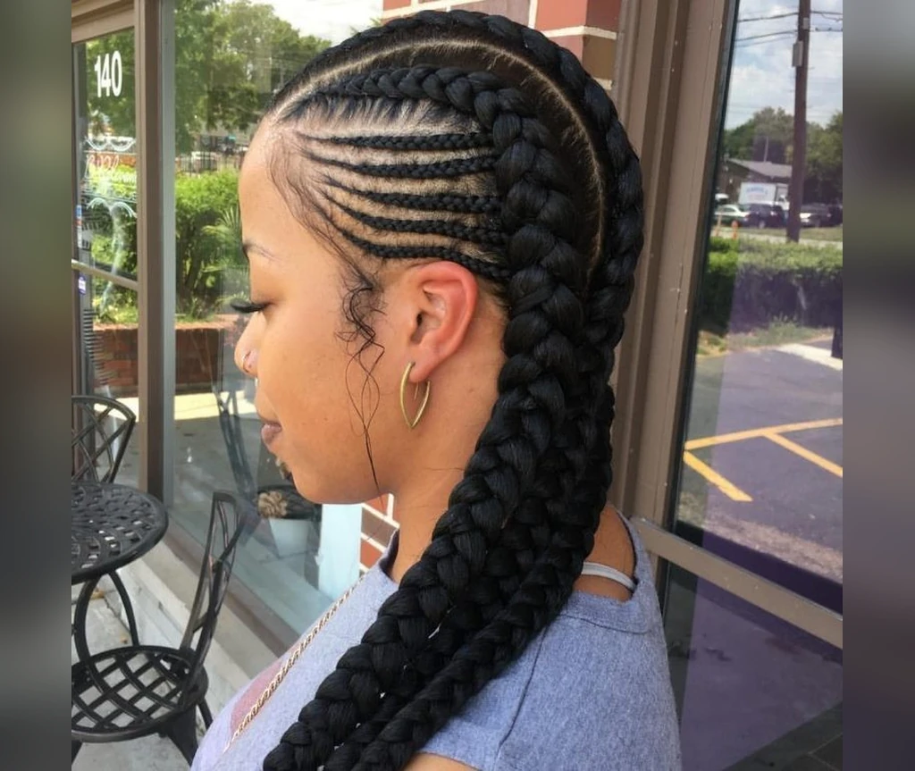 Jumbo Ghana braids in two thick braids with smooth rows