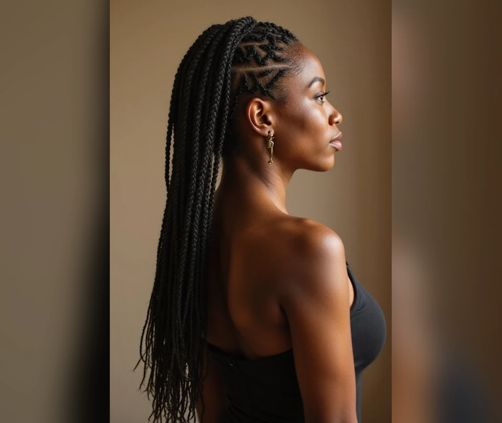 Small Ghana braids with fine long rows falling down the back