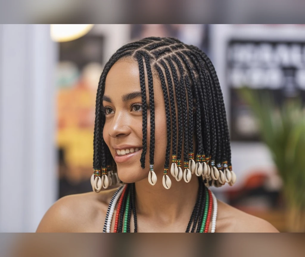 Ghana braids bob with cowrie shells decorating the ends