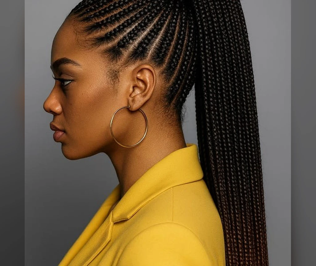 Extra long Ghana braids reaching far down the back