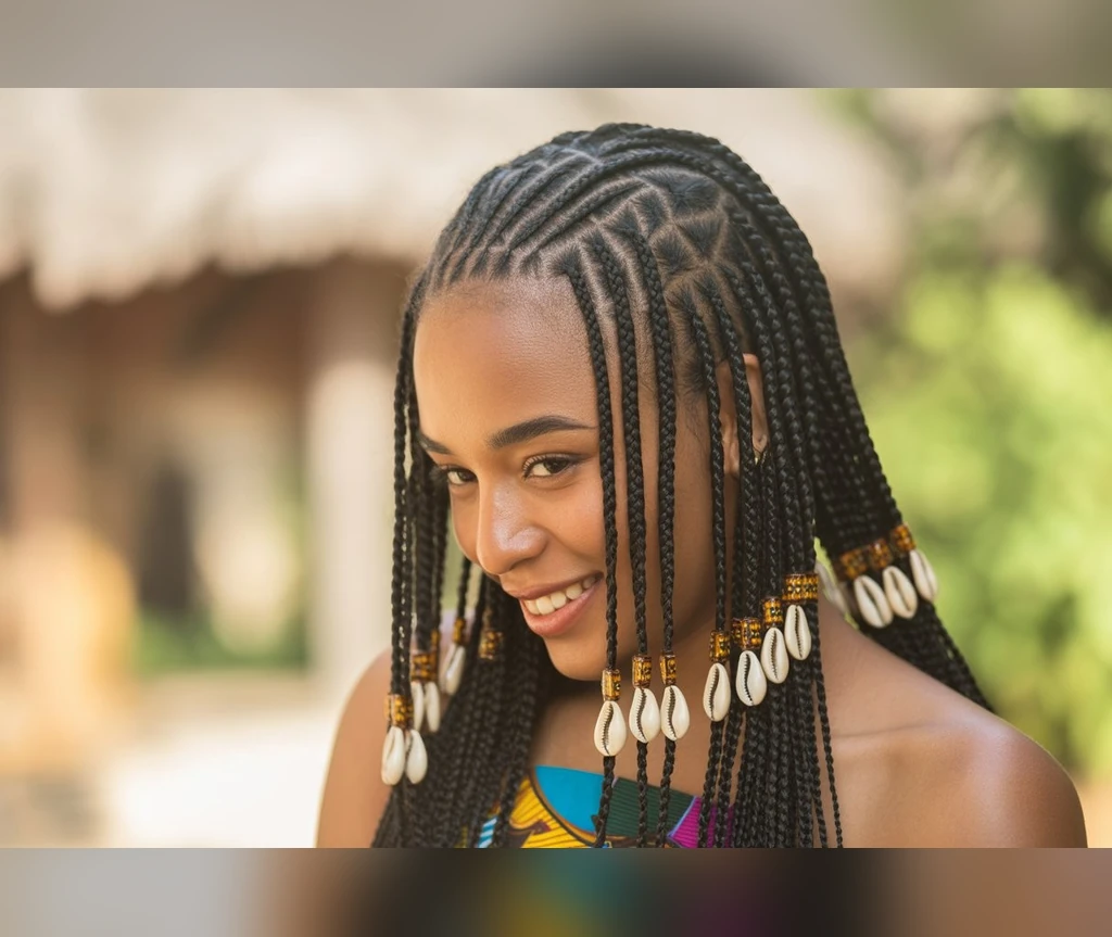 Ghana braids with white shell accessories on the ends