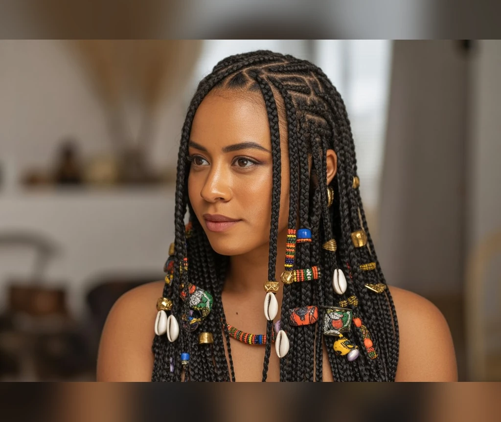 Ghana braids with colourful beads in mixed bright colours