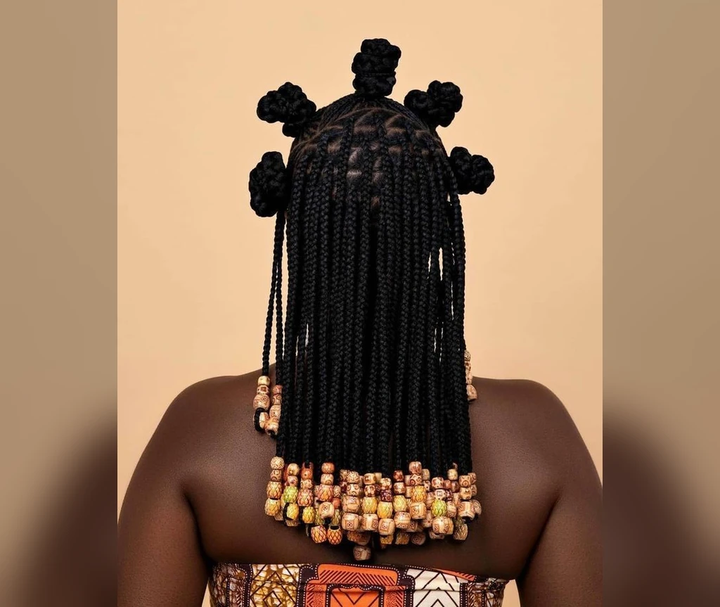 Ghana braids with Bantu knots seen from the back