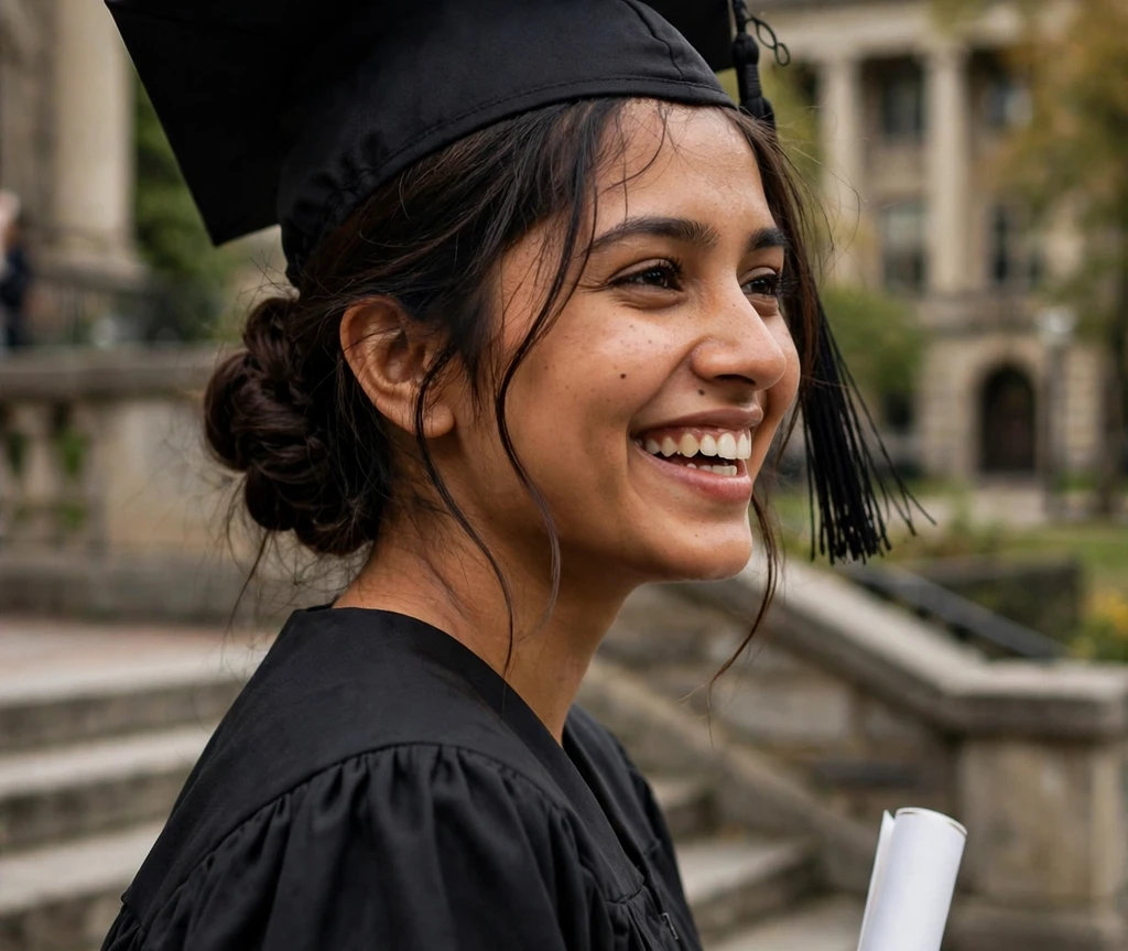 Graduate in a black gown and cap with an elegant low bun on university campus steps