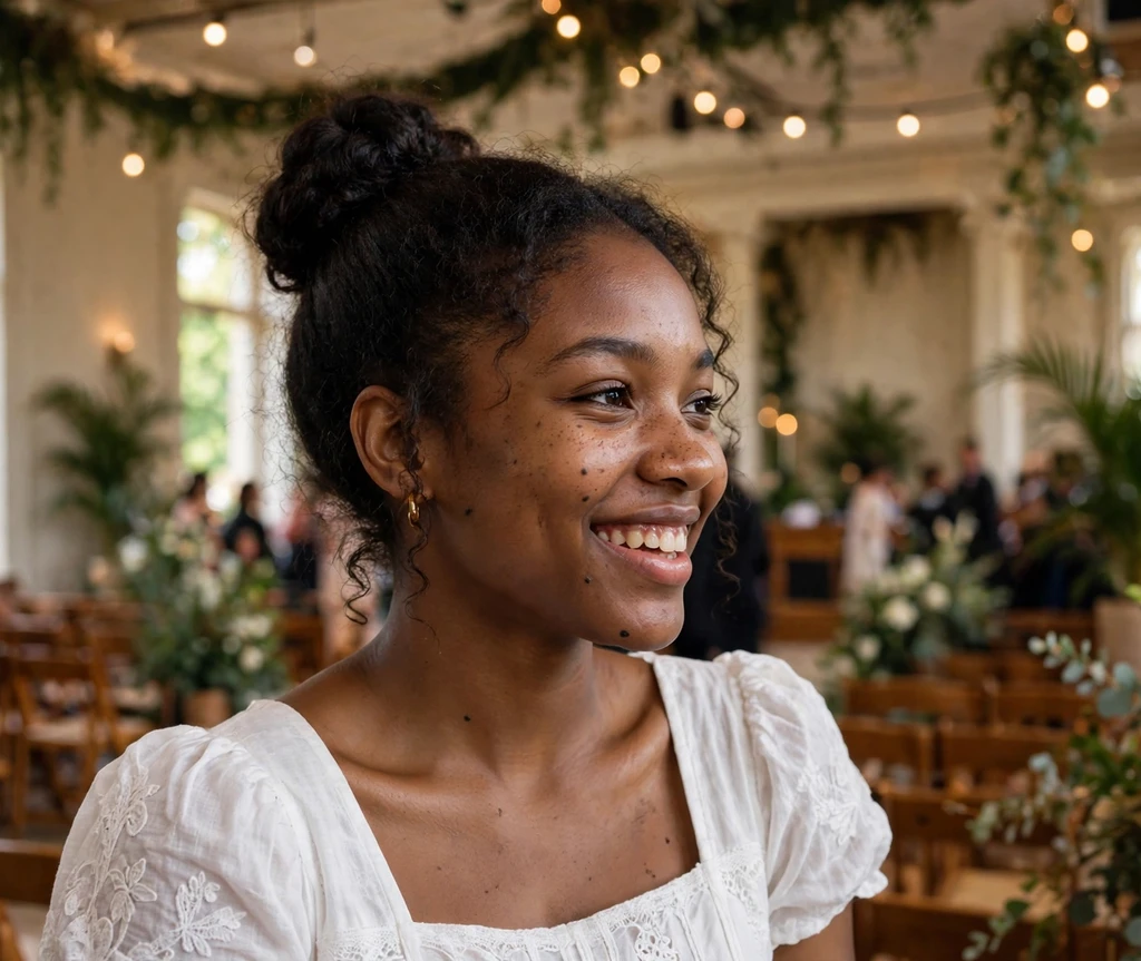 Woman with a classic high bun in a graduation ceremony hall
