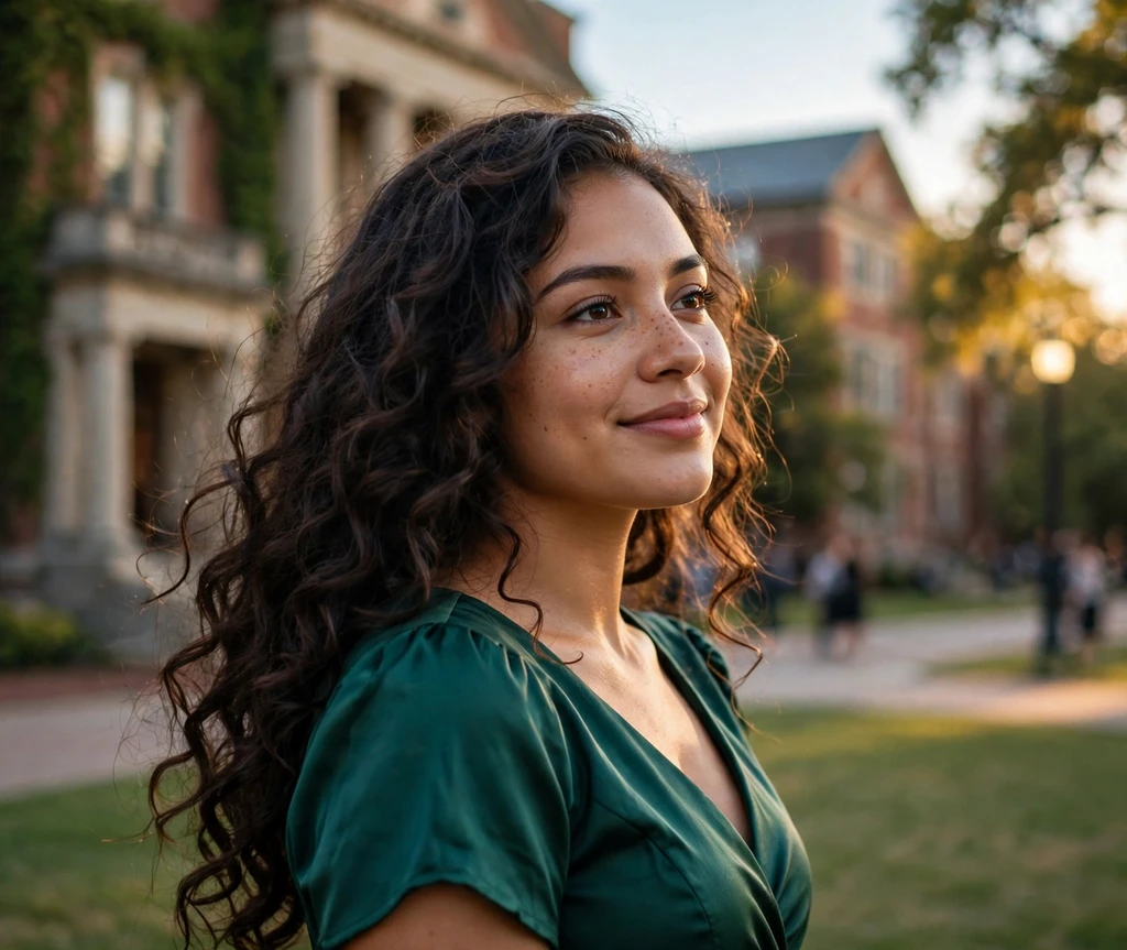 Woman with loose romantic curls at an outdoor campus photo session