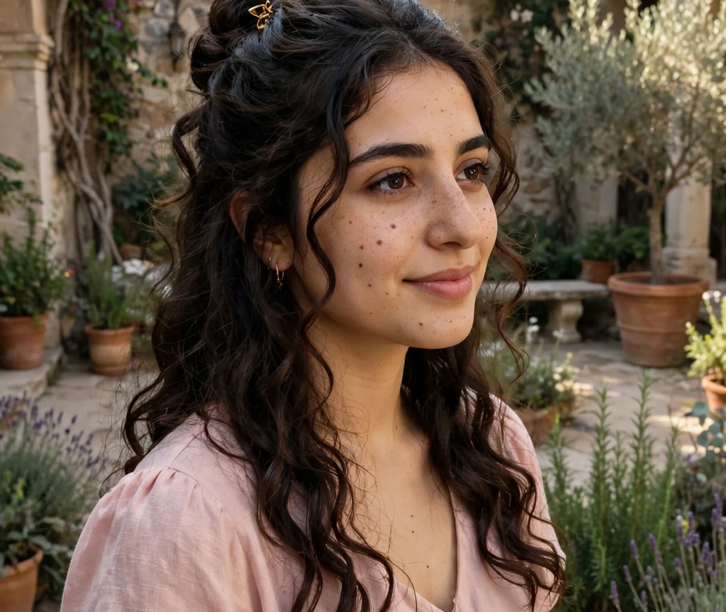 Woman with a half-up half-down style with curls in a garden courtyard