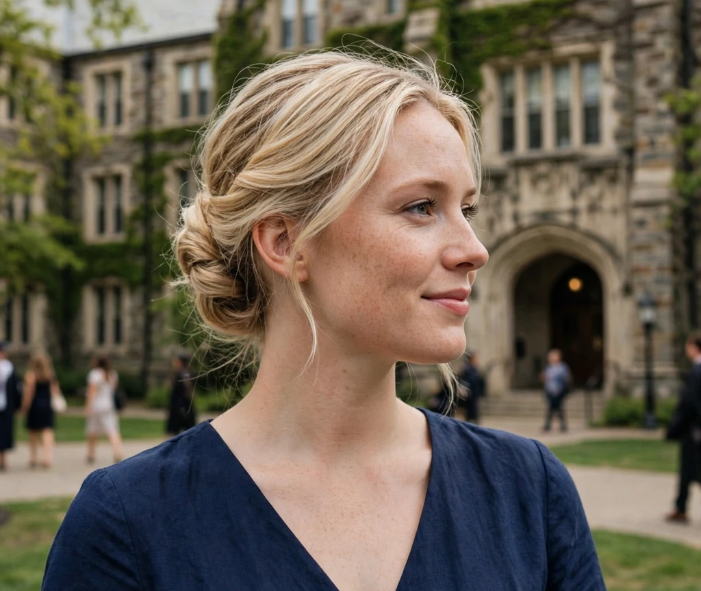 Woman with an elegant French twist at a historic campus building