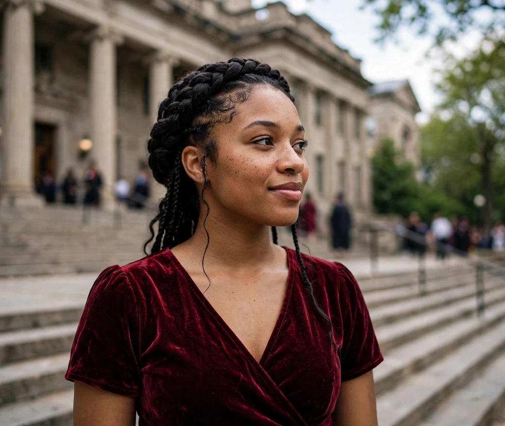 Woman with a braided crown updo on ceremony hall steps