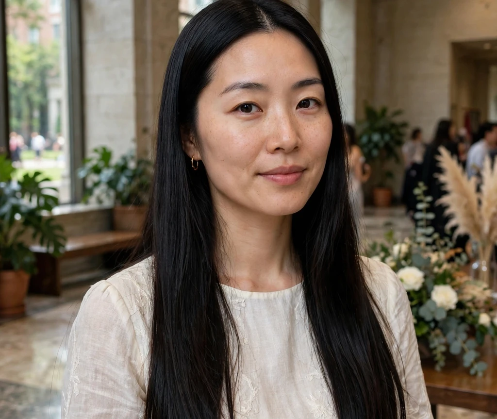 Woman with sleek glass-straight hair in a university auditorium lobby