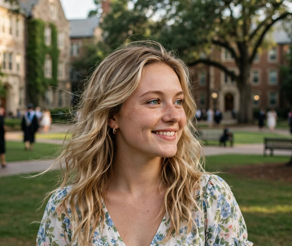 Woman with soft beach waves on a campus lawn