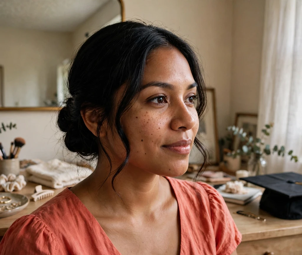 Woman with a low chignon and face-framing pieces in a getting-ready room