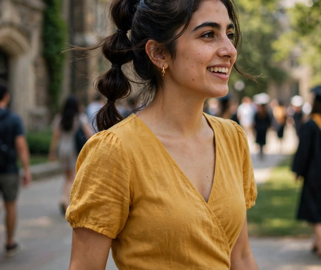 Woman with a bubble ponytail on a campus walkway