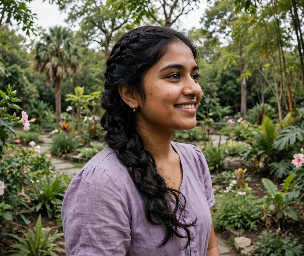 Woman with a fishtail side braid in a botanical garden
