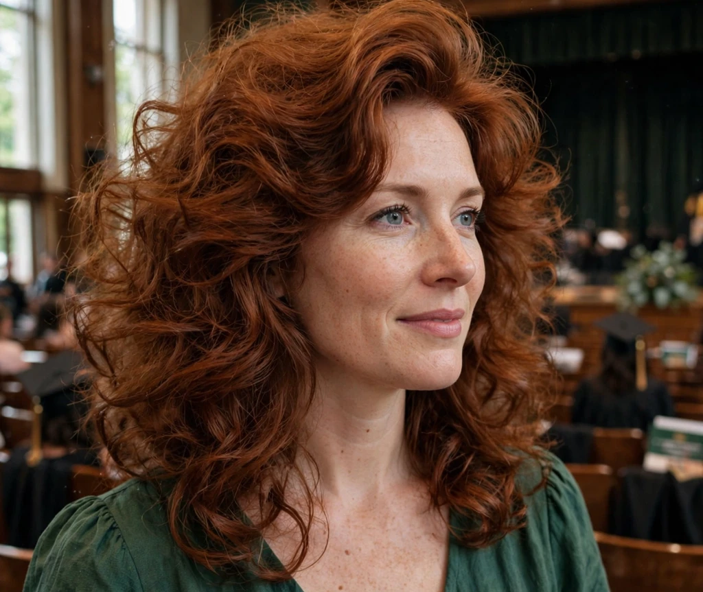 Woman with a voluminous blowout in a campus auditorium