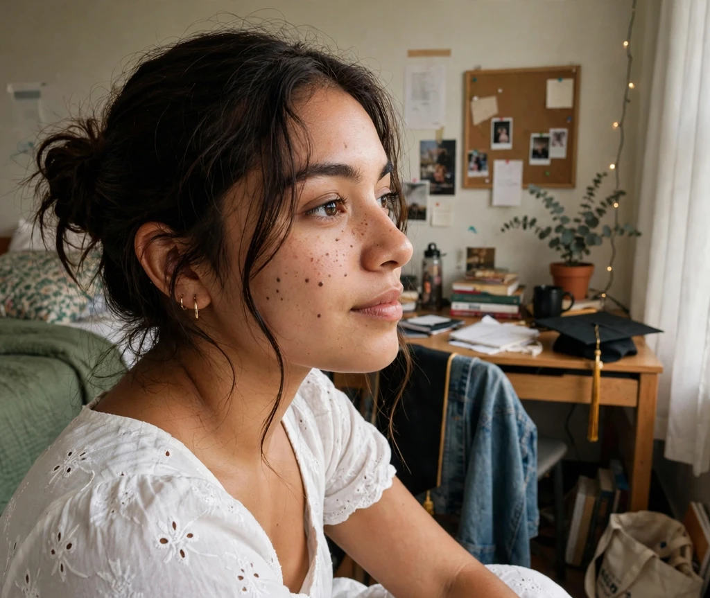 Woman with a low messy bun with tendrils in a dorm room
