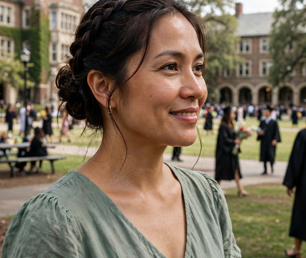Woman with a Dutch braid low updo on a campus quad