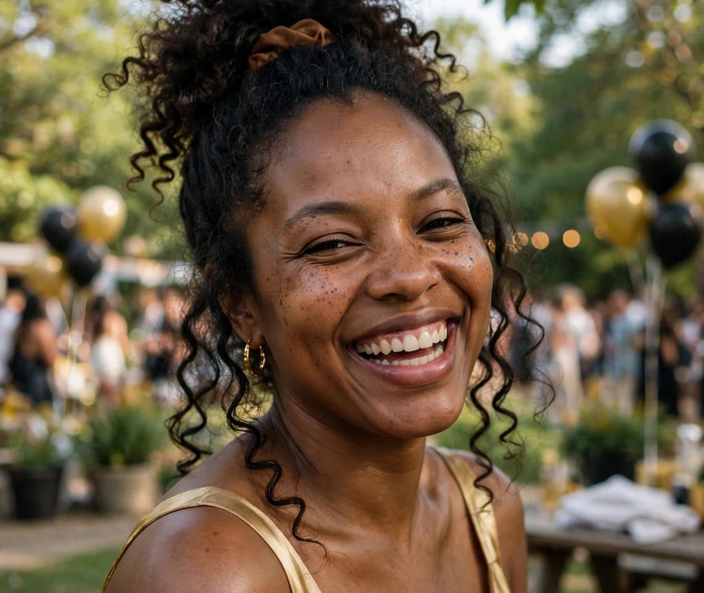 Woman with a natural curly pineapple updo at an outdoor celebration