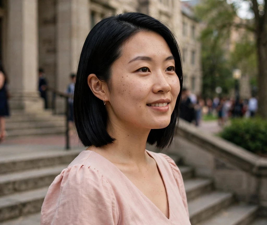 Woman with a polished side-part lob on campus library steps