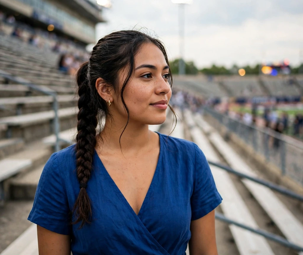 Woman with a rope braid ponytail on stadium steps