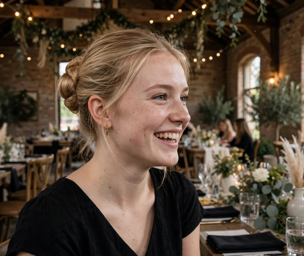 Woman with a classic ballerina bun at a converted hall venue
