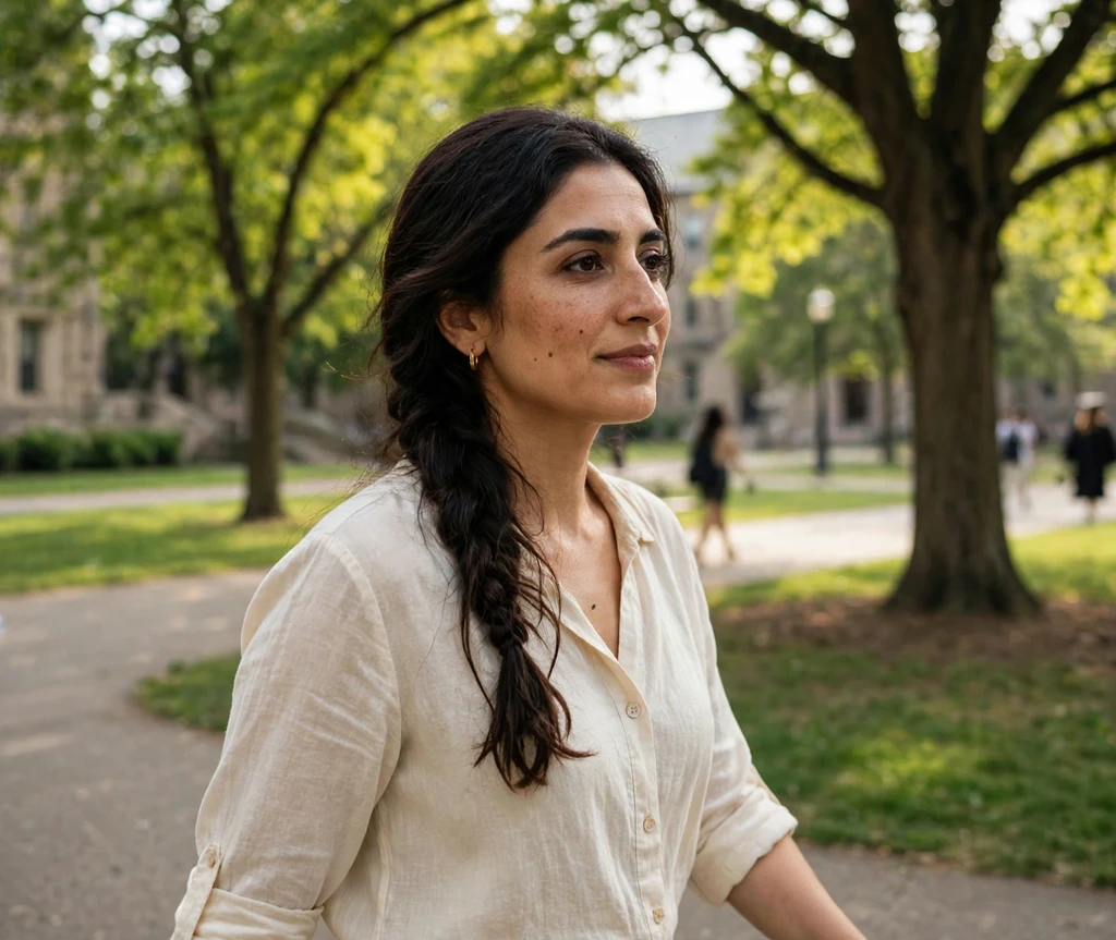 Woman with a loose side braid in a park near campus