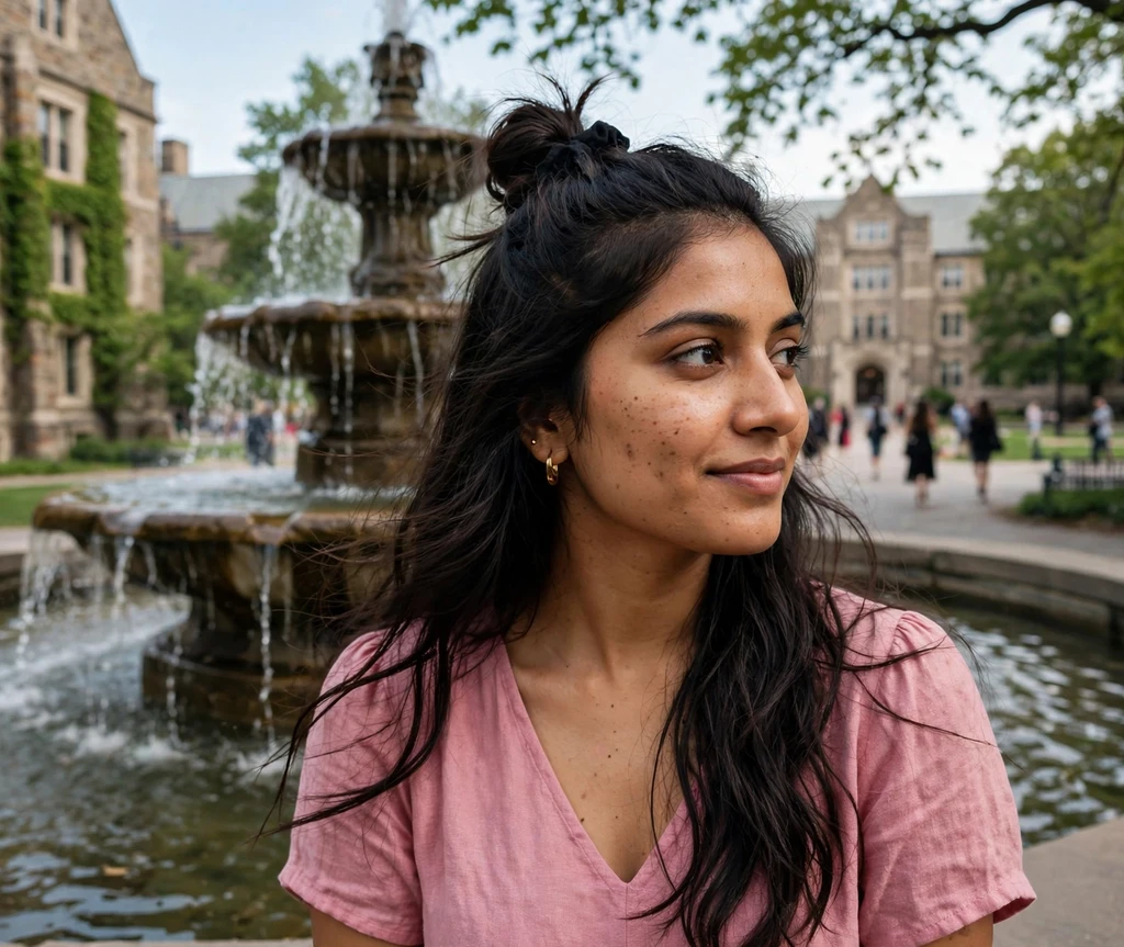 Woman with a half-up top knot at a campus fountain