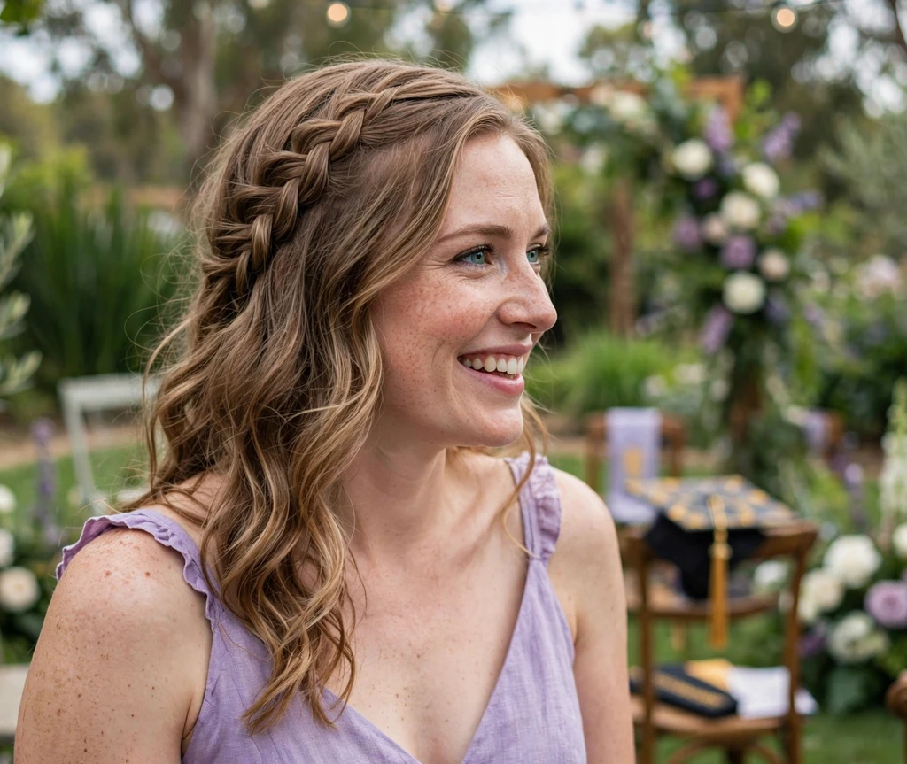 Woman with a waterfall braid in waves at a garden ceremony