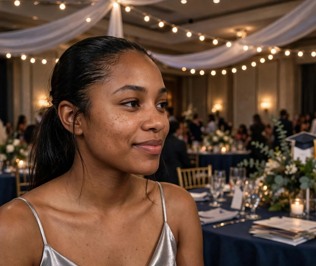 Woman with a slicked-back low ponytail in an evening reception hall
