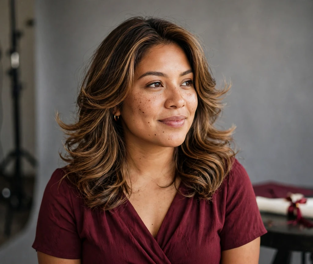 Woman with a bouncy layered blowout in a photo studio