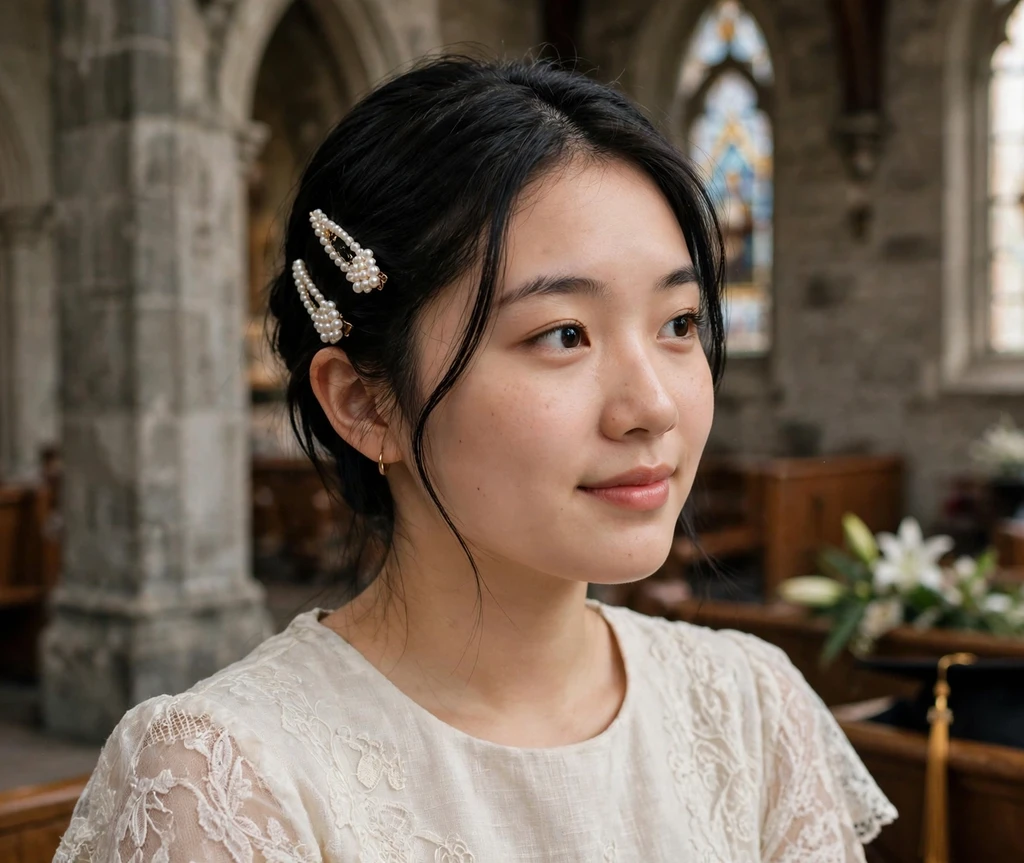 Woman with hair pinned back with pearl clips at a campus chapel