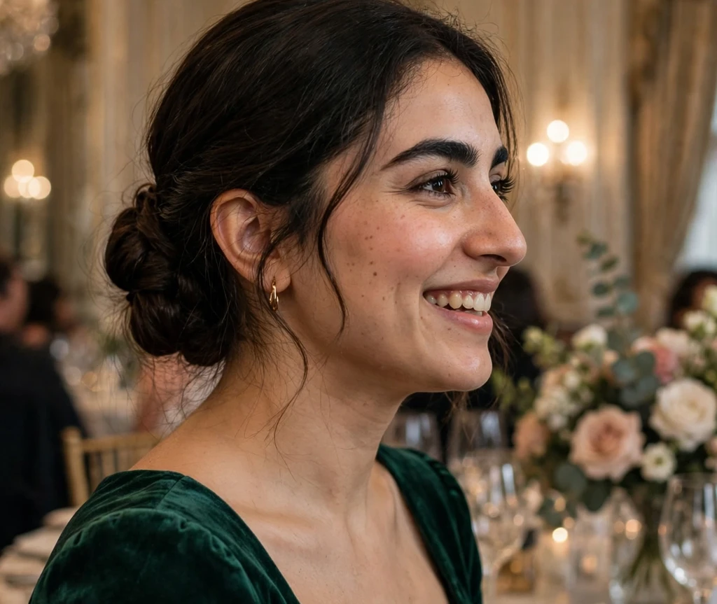 Woman with a low twisted chignon in a ballroom