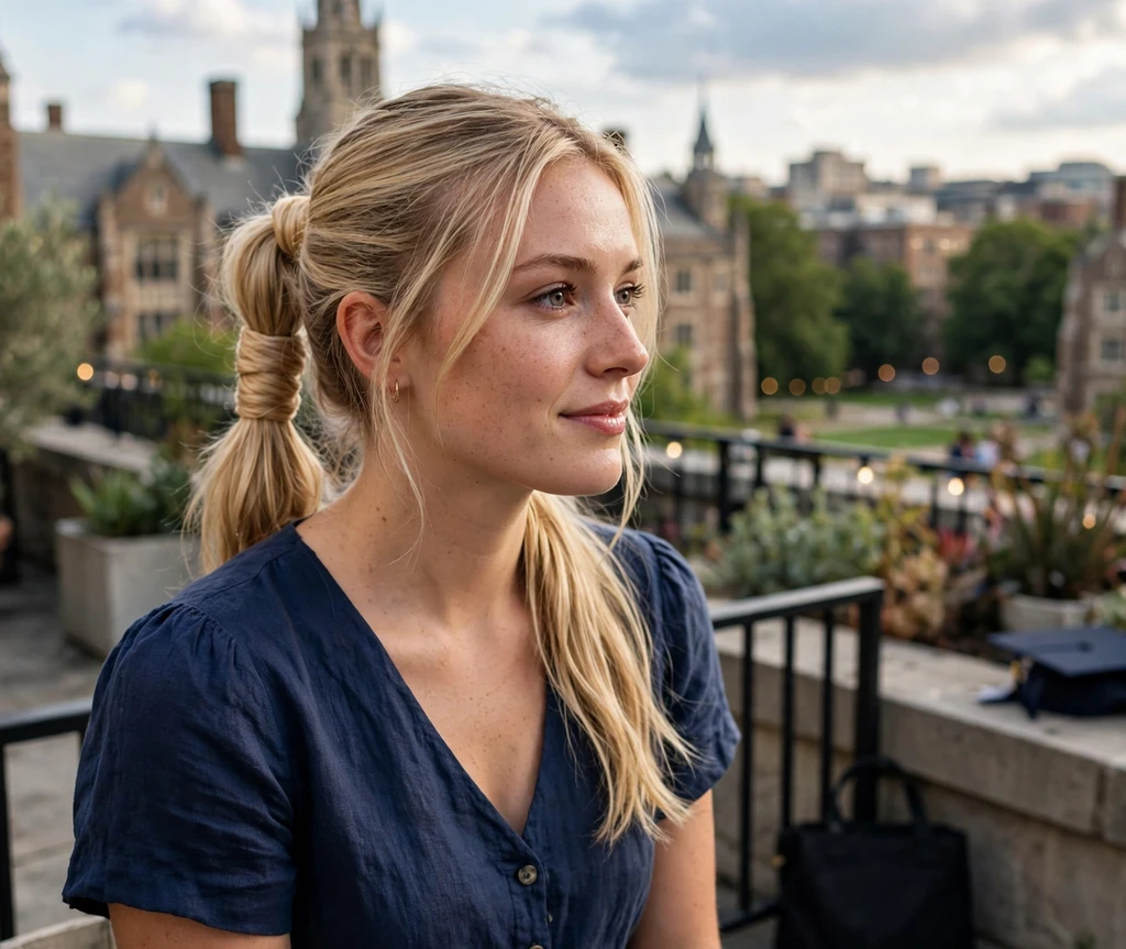 Woman with a long wrapped ponytail on a campus rooftop terrace