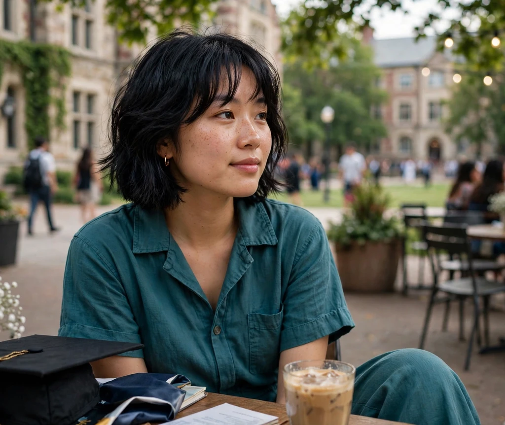 Woman with a textured bob and curtain bangs at a campus cafe