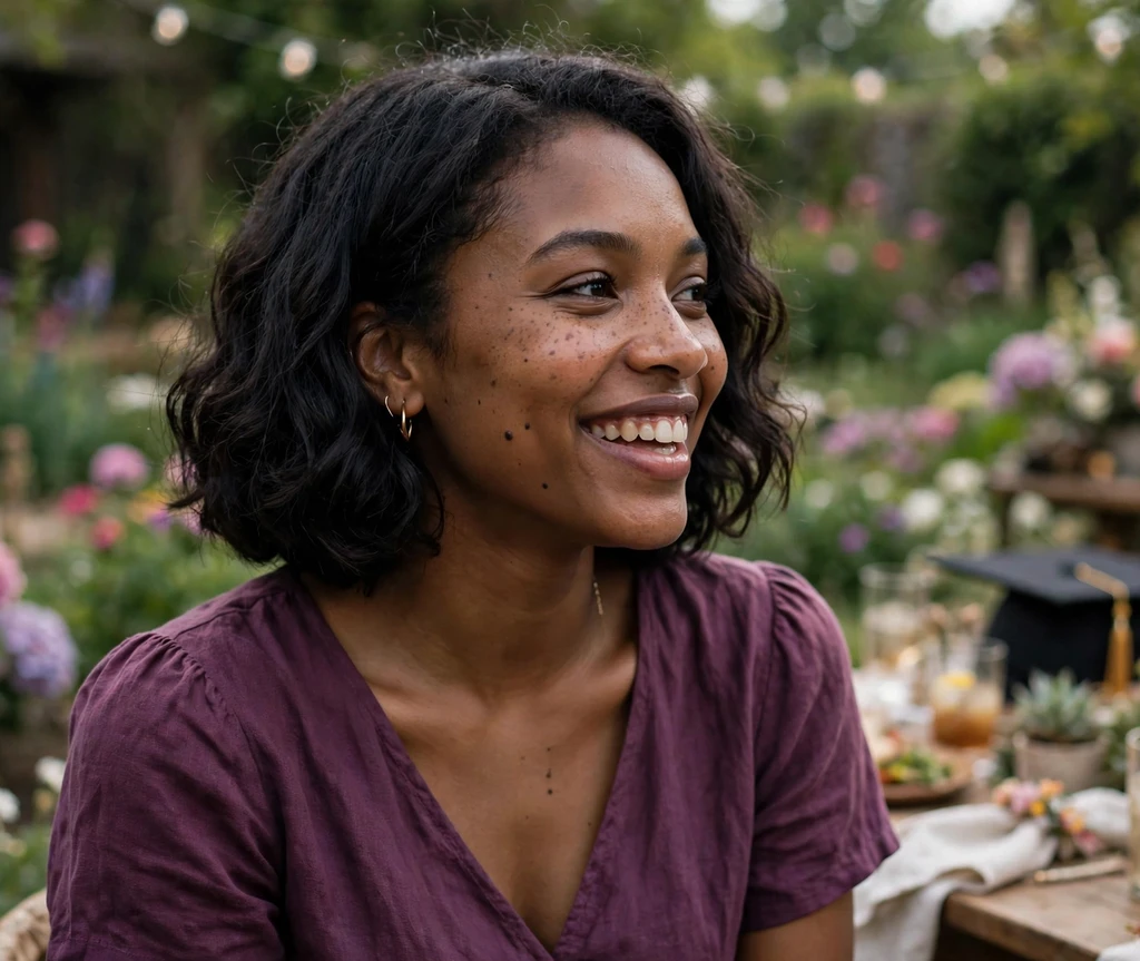 Woman with a soft wavy bob at a garden party
