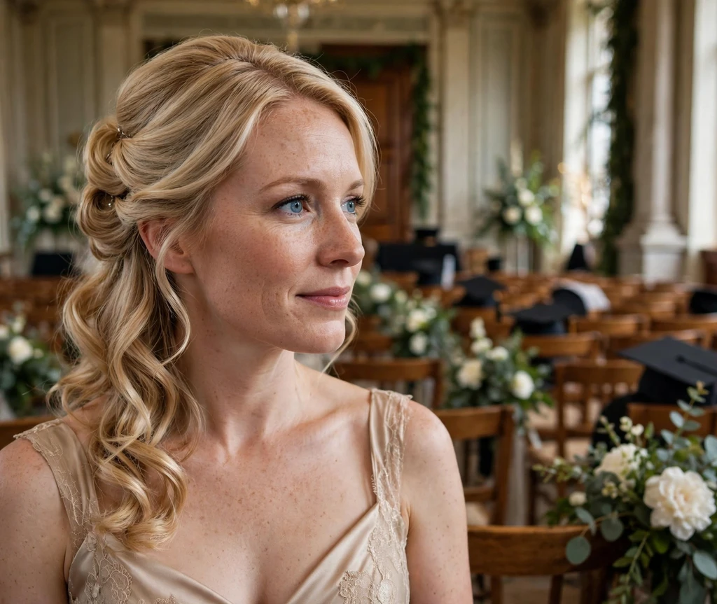 Woman with a graceful side-swept updo in a ceremony hall
